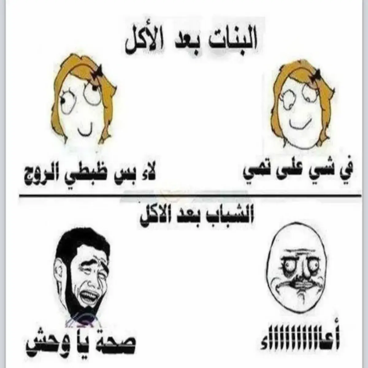 كوميك بشخصيات رسومات الغضب يقارن تصرفات البنات والشباب بعد الأكل